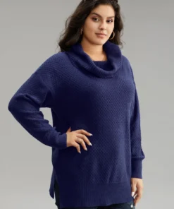 Solid Turtle Neck Split Side Pullover -Clothing Shop 153576823 xb