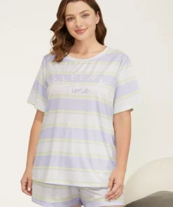Striped & Letter Print Pocket Contrast Sleep Top