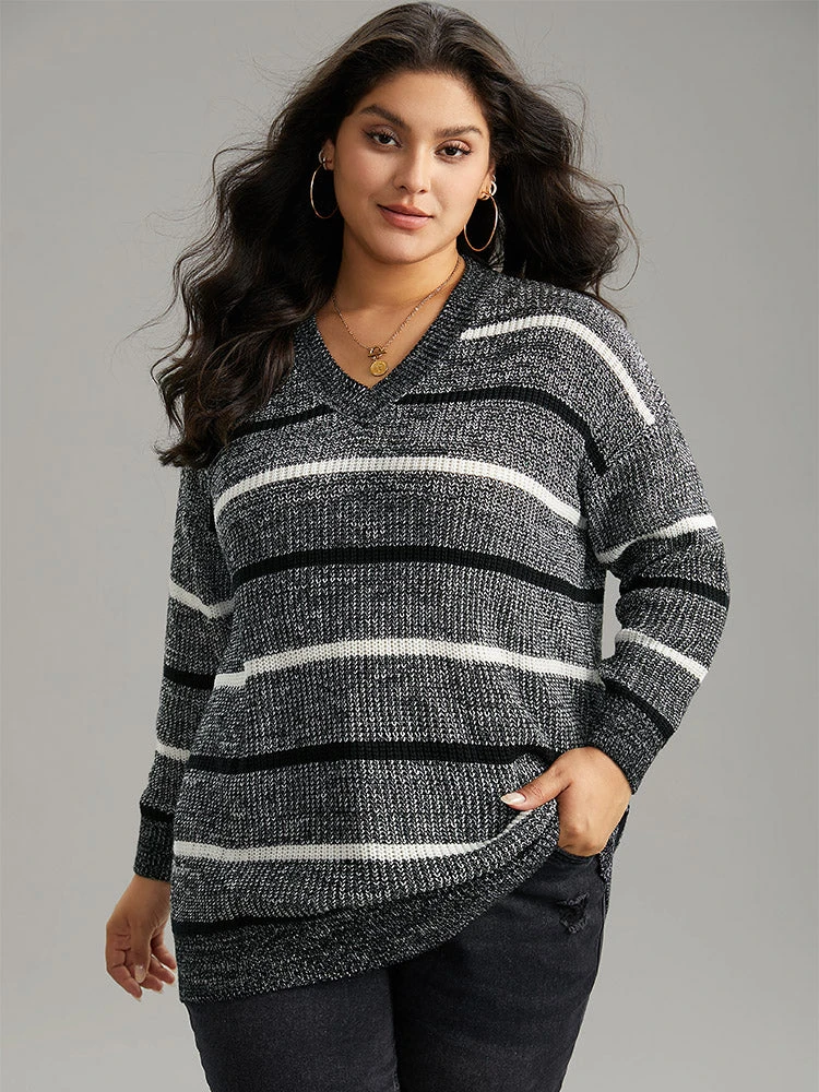 V Neck Striped Contrast Heather Pullover 3 V Neck Striped Contrast Heather Pullover