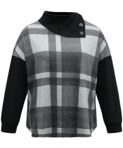 Plaid Patchwork Mock Neck Button Detail Sweatshirt -Clothing Shop 155955383 hm