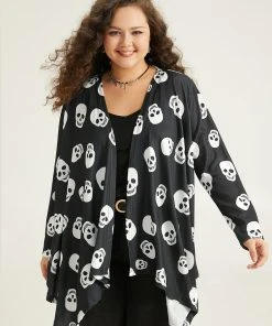 Halloween Skull Print Open Front Hanky Hem Kimono 14 Halloween Skull Print Open Front Hanky Hem Kimono -Clothing Shop 156675984 lc