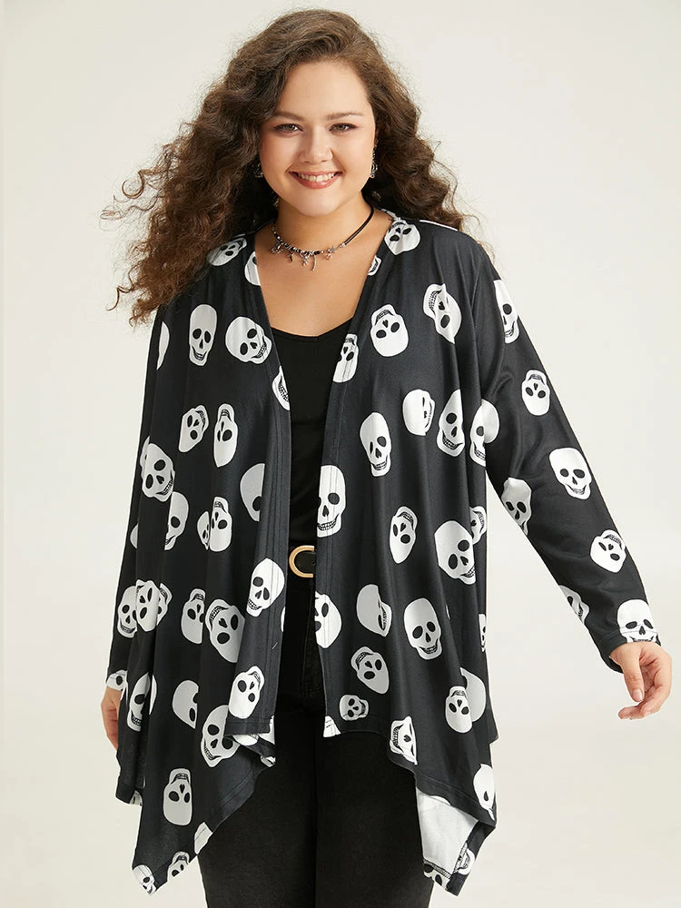 Halloween Skull Print Open Front Hanky Hem Kimono 7 Halloween Skull Print Open Front Hanky Hem Kimono - Image 5