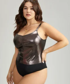 Solid Patchwork Ruched Adjustable Straps Bodysuit -Clothing Shop 156694795 eb