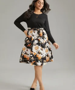 Floral Print Rib Knit Belted Dress -Clothing Shop 1570199 sx