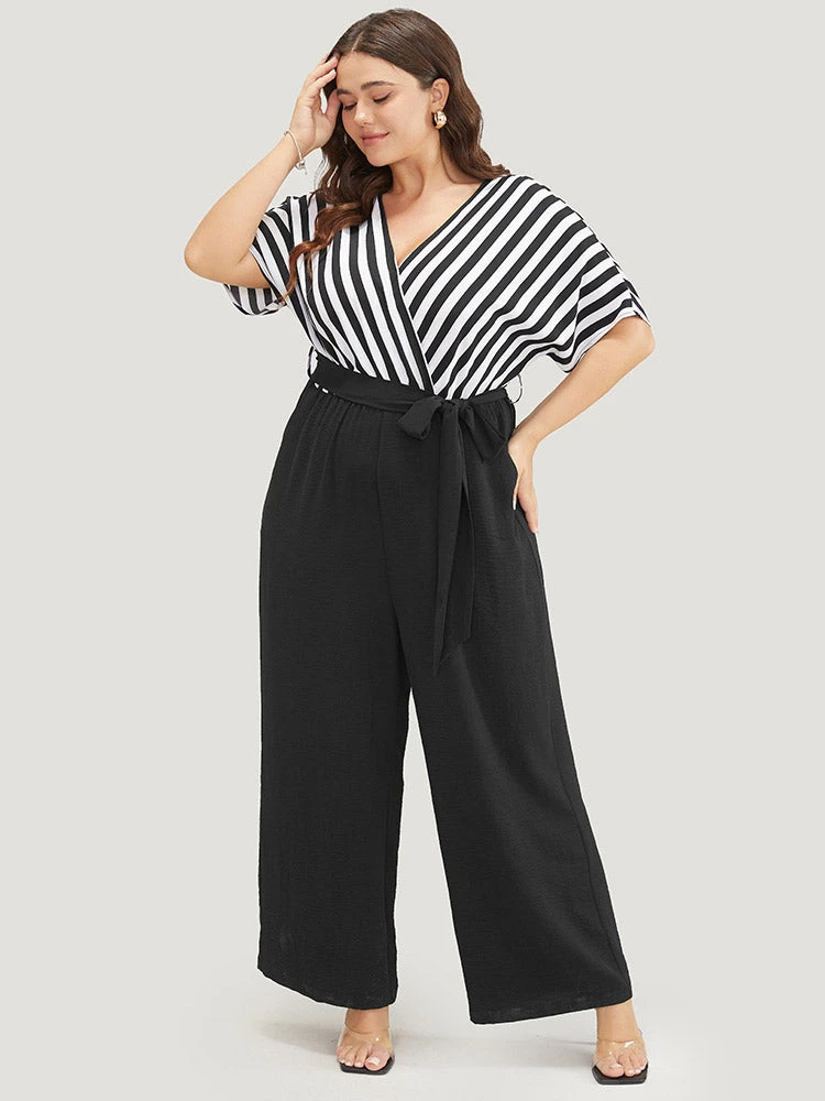 Striped Patchwork Pocket Batwing Sleeve Belted Wrap Jumpsuit 10 Striped Patchwork Pocket Batwing Sleeve Belted Wrap Jumpsuit - Image 8