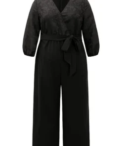 Plain Textured Belted Wrap Jumpsuit -Clothing Shop 157661513 xp