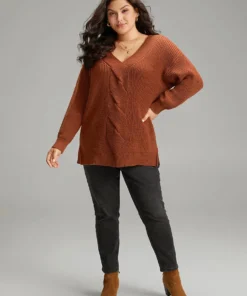 Cable Knit Split Side Elastic Cuffs Pullover -Clothing Shop 158216102 tz