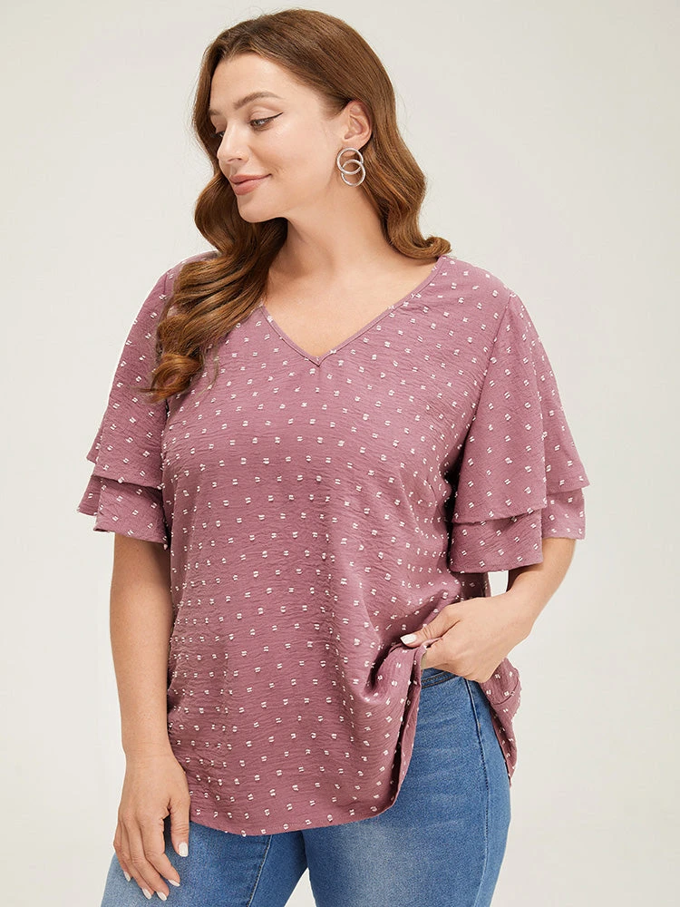 Plain Ruffle Tiered Sleeve V Neck Polka Dot Blouse 16 Plain Ruffle Tiered Sleeve V Neck Polka Dot Blouse - Image 14