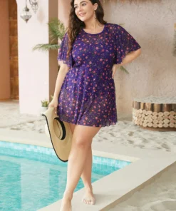 Ditsy Floral Ruffle Sleeve Cut Out Swim Dress -Clothing Shop 15854840 qs
