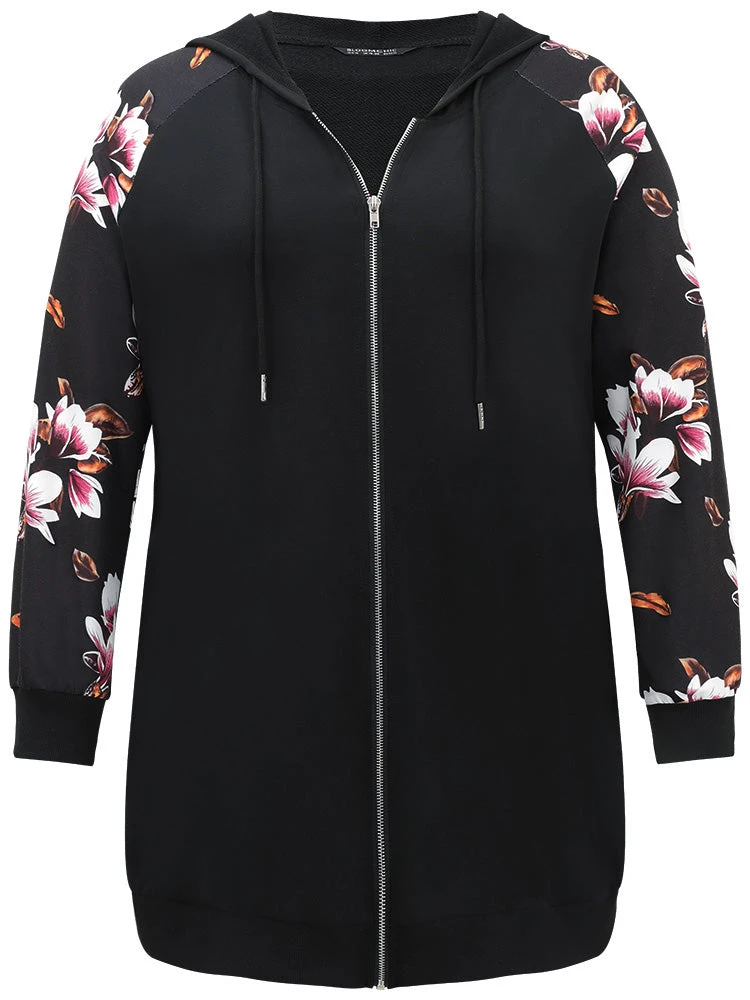 Floral Zipper Hooded Patchwork Raglan Sleeve Sweatshirt 10 Floral Zipper Hooded Patchwork Raglan Sleeve Sweatshirt - Image 8