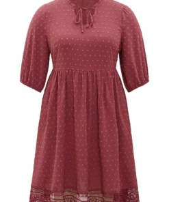 Plain Pocket Lantern Sleeve Knot Neck Lace Panel Dress -Clothing Shop 160509217 lj