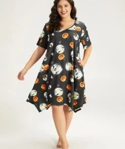 Halloween Graphic Round Neck Sleep Midi Dress -Clothing Shop 160532150 yx