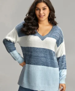 Colorblock Contrast V Neck Pullover