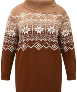 Snowflake Print Button Detail Split Side Pullover -Clothing Shop 16062537 tf