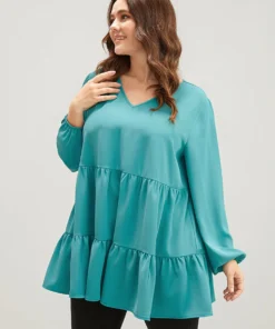 Solid V Neck Lantern Sleeve Ruffle Hem Blouse Without Belt -Clothing Shop 161144597 zl