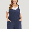 Solid Pocket Button Detail Knot Shoulder Overall Romper