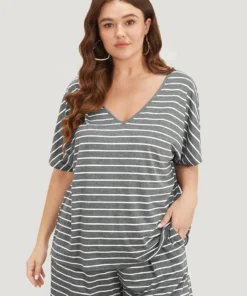 Striped Print Dolman Sleeve V Neck Sleep Top