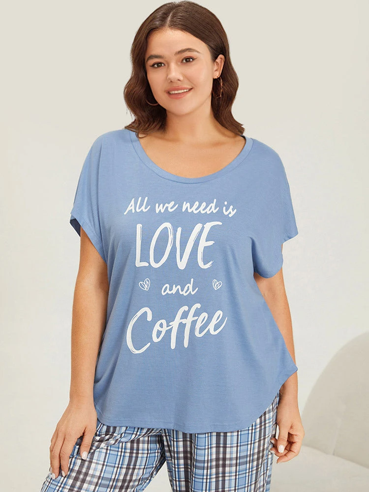 Letter Print Batwing Sleeve Curved Hem Sleep Top 3 Letter Print Batwing Sleeve Curved Hem Sleep Top