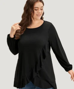 Plain Ruffle Trim Round Neck Lantern Sleeve T-shirt