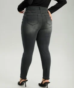 Black Wash Button Detail Skinny Jeans -Clothing Shop 162408302 uh