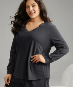 Cotton Plain Lace Panel Sleep Top -Clothing Shop 162461508 dc
