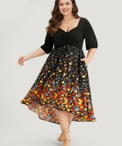 Floral Print Patchwork Drawstring Square Neck Dress 19 Floral Print Patchwork Drawstring Square Neck Dress -Clothing Shop 163200090 zv