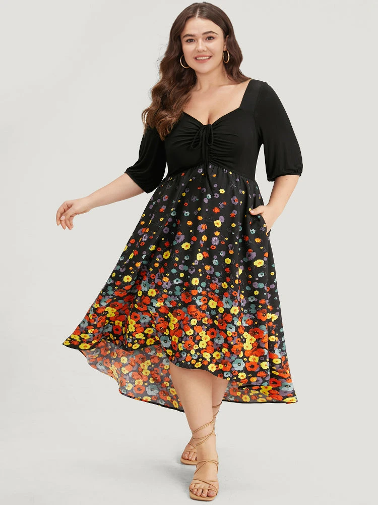 Floral Print Patchwork Drawstring Square Neck Dress 9 Floral Print Patchwork Drawstring Square Neck Dress - Image 7