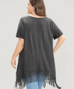 Solid Round Neck Lace Fringe Hem T-shirt 25 Solid Round Neck Lace Fringe Hem T-shirt -Clothing Shop 163271492 xq e2382f60 2214 46b5 90b0 e73162d68284