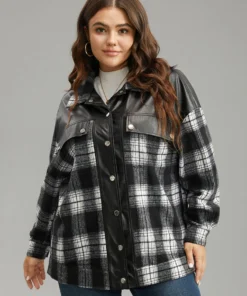 Plaid Patchwork Contrast Button Up Shacket -Clothing Shop 163379115 vu