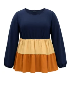 Colorblock Contrast Gathered Ruffle Layered Hem Blouse -Clothing Shop 163501136 zs