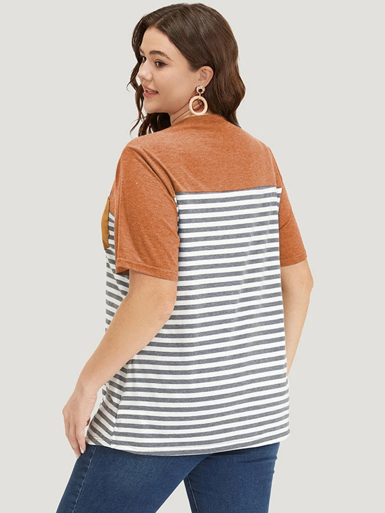 Striped Patchwork Round Neck Patched Pocket T-shirt 13 Striped Patchwork Round Neck Patched Pocket T-shirt - Image 11