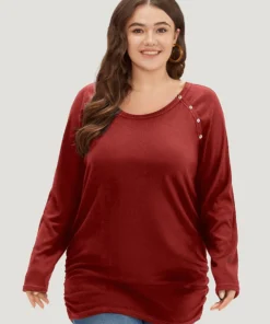 Plain Gathered Button Detail T-shirt -Clothing Shop 164035938 ni