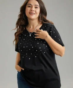 Glitter Star Print Crew Neck T-shirt -Clothing Shop 164275263 uk