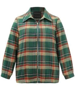 Plaid Contrast Zipper Pocket Jacket -Clothing Shop 164815713 ls