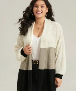 Colorblock Lapel Collar Lantern Sleeve Contrast Cardigan