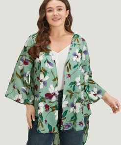 Floral Print Open Front Asymmetrical Hem Kimono -Clothing Shop 165924488 ov 9ddffd8f a8a2 472b 8de5 b7af7625a620