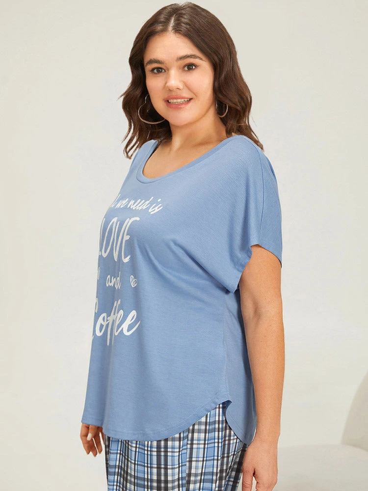 Letter Print Batwing Sleeve Curved Hem Sleep Top 6 Letter Print Batwing Sleeve Curved Hem Sleep Top - Image 4