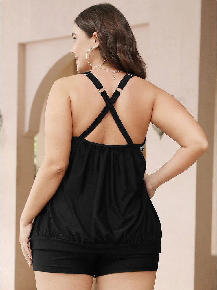 Striped Patchwork Gathered Crossover Back Tankini Top 4 Striped Patchwork Gathered Crossover Back Tankini Top - Image 2