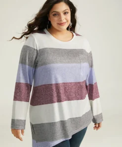 Striped Split Hem Asymmetrical T-shirt -Clothing Shop 166555950 rz