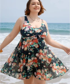 Floral Ruffle Hem Twist Ruched Swim Dress -Clothing Shop 166952880 mg