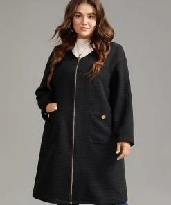 Solid Tweed Pocket Metai Detail Zipper Coat -Clothing Shop 167716200 bl