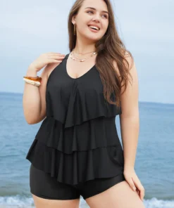 Adjustable Straps Asymmetrical Ruffle Tiered Tankini Top