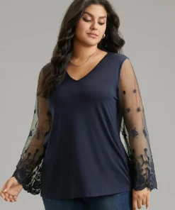 Floral Crochet Lace Mesh Bell Sleeve T-shirt -Clothing Shop 16871243 lb