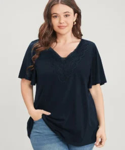 Solid Ruffle Sleeve Lace V Neck T-shirt -Clothing Shop 169204943 cf 93de4b24 baa8 4029 9a9d 65c7381f8393