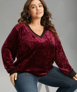 Velvet Contrast V Neck Rib Knit Sweatshirt