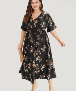 Floral Print Shirred Pocket V Neck Pleated Dress -Clothing Shop 17015072 kx