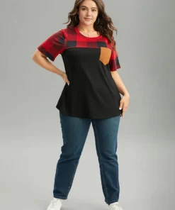 Plaid Contrast Patchwork Pocket Round Neck T-shirt -Clothing Shop 170255293 yp