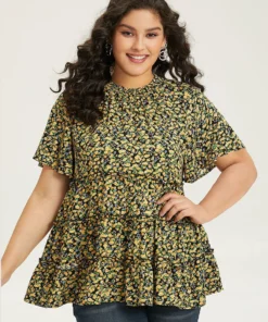 Ditsy Floral Frill Trim Shirred Mock Neck Blouse -Clothing Shop 170570236 dh 388a1b29 342a 4ca1 803e cc83c269b845