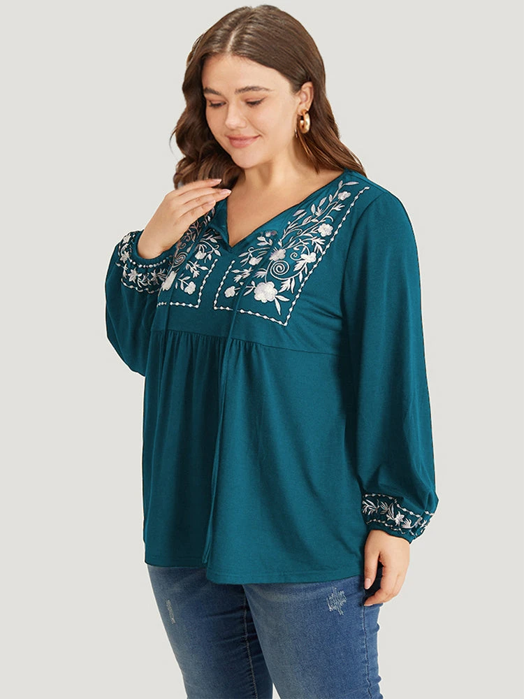 Floral Embroidered Knot Neck Lantern Sleeve T-shirt 15 Floral Embroidered Knot Neck Lantern Sleeve T-shirt - Image 13