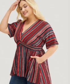 Striped Contrast Shirred Wrap High Low Hem Pocket Blouse -Clothing Shop 170917847 go 0e2547f3 0a54 4c73 be65 ebecf389d775